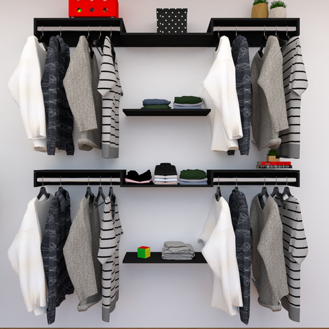 Kit Closet com Cabideiros e Prateleiras Preto Organização Moderna para Seu Quarto