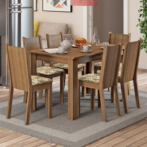 Conjunto Sala de Jantar Madesa Maris Mesa Tampo de Madeira com 6 Cadeiras Rustic/Lírio Bege Cor:Rust