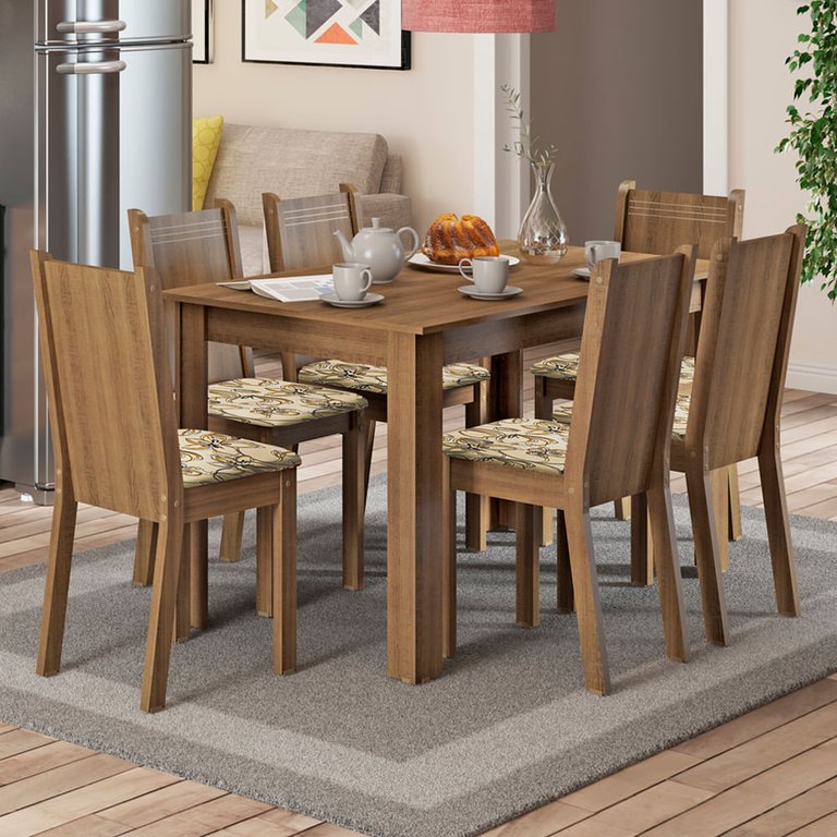 Conjunto Sala de Jantar Madesa Maris Mesa Tampo de Madeira com 6 Cadeiras Rustic/Lírio Bege Cor:Rust