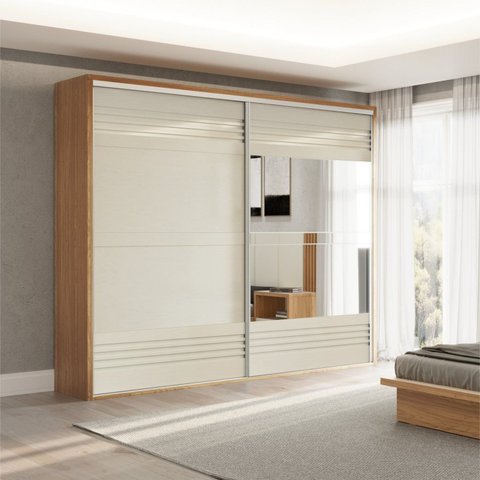 Guarda Roupa com Espelho 2 Portas de Correr 2 Gavetas 267cm 100% MDF Off White/Freijó