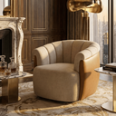 Ver imagem 2 de Poltrona Decorativa Giratória Linho Bege Detalhe Courino Caramelo Suporta 150kg Luxo Montada Sala