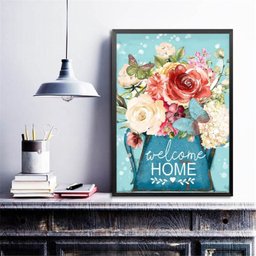Quadro Welcome Home - Flores e Borboleta 33x24cm - com Vidro:madeira Preta - 2