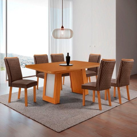 Conjunto de Jantar Carolina Laminado 6 Lugares Tampo MDF Cadeiras Lisa Veludo Marrom Naturalle 180cm