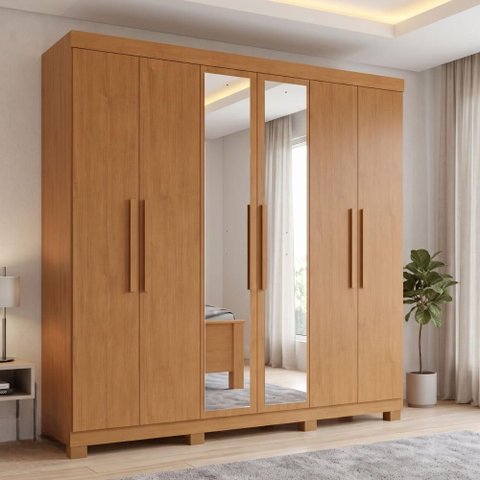 Guarda-Roupa Casal Easy Slim 6 Portas com Espelho e Pés Amêndoa Clean