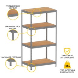 ESTANTE DE AÇO PESADA 185X92X60 4 PRAT. MAD. PANDIN - CINZA EPP1850X600 PRAT MAD - 3