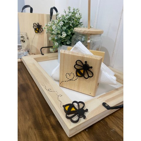 Kit Mesa Posta Abelha Decoração Cozinha, Porta Papel, Porta Utensilio e Bandeja