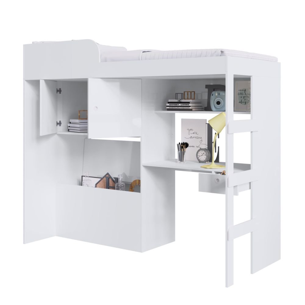 Cama Alta Multifuncional com Baú e Estação de Trabalho Lion Art In Móveis Branco Cestaplus - 5