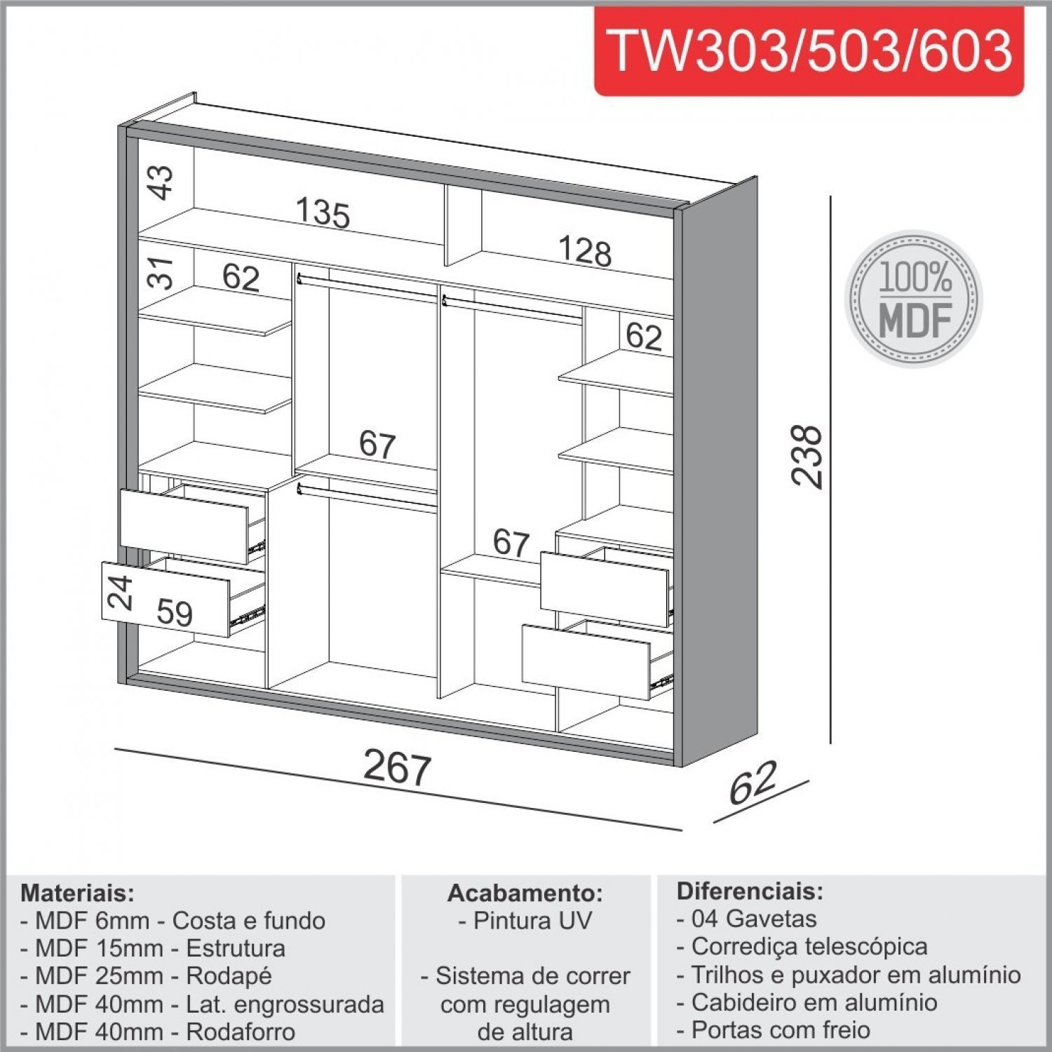 Guarda Roupa Casal 2 Portas 2 Gavetas 267cm  - 4