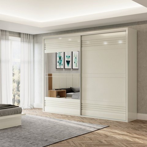 Guarda Roupa com Espelho 2 Portas de Correr 2 Gavetas 267cm 100% MDF Branco/Off White Brilho
