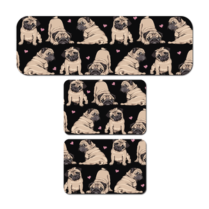Kit de 3 Tapetes para Cozinha Pug Corações Antiderrapante