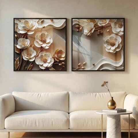 Quadro Decorativo Flores Brancas 3D Abstratas Moldura Premium:Moldura Preta/50X50 com Vidro Acrílico