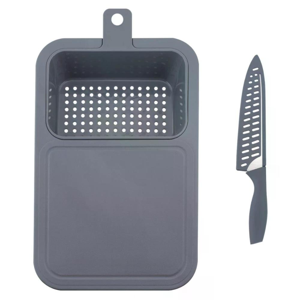 Tabua Easy para corte e escorredor em plastico com faca L42,7xP27,7xA0,7cm cor cinza