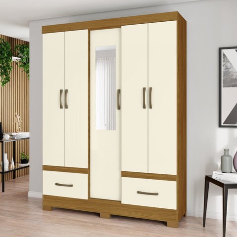 Guarda-Roupa Casal 8 Portas 2 Gavetas com Espelho Seatlle Henn Branco/Nature/Off White