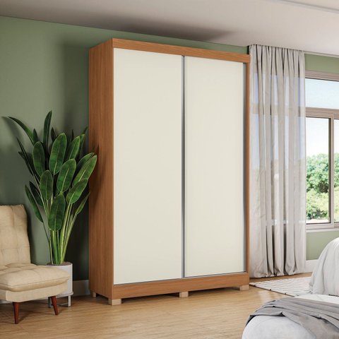 Guarda-Roupa Solteiro 2 Portas de Correr e 2 Gavetas Clean Marrom/Canela/Off White