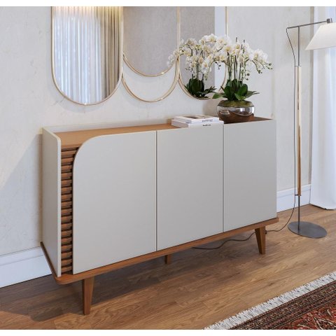 Buffet com Detalhe Ripado Artesanal Jurerê 03 Portas Off White Matte Freijó - Colibri