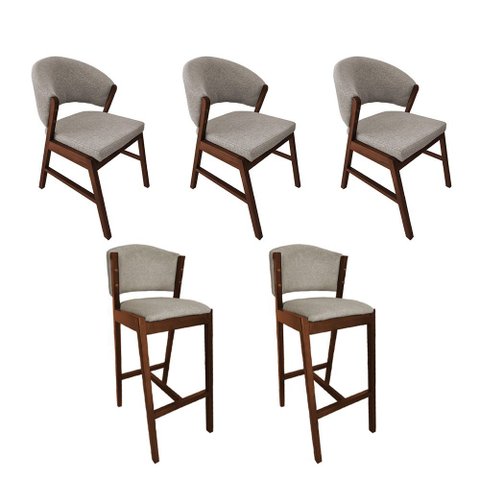 Kit 3 Cadeiras de Jantar Debora com 2 Banquetas Ana Madeira Maciça Mel Premium Linho Bege