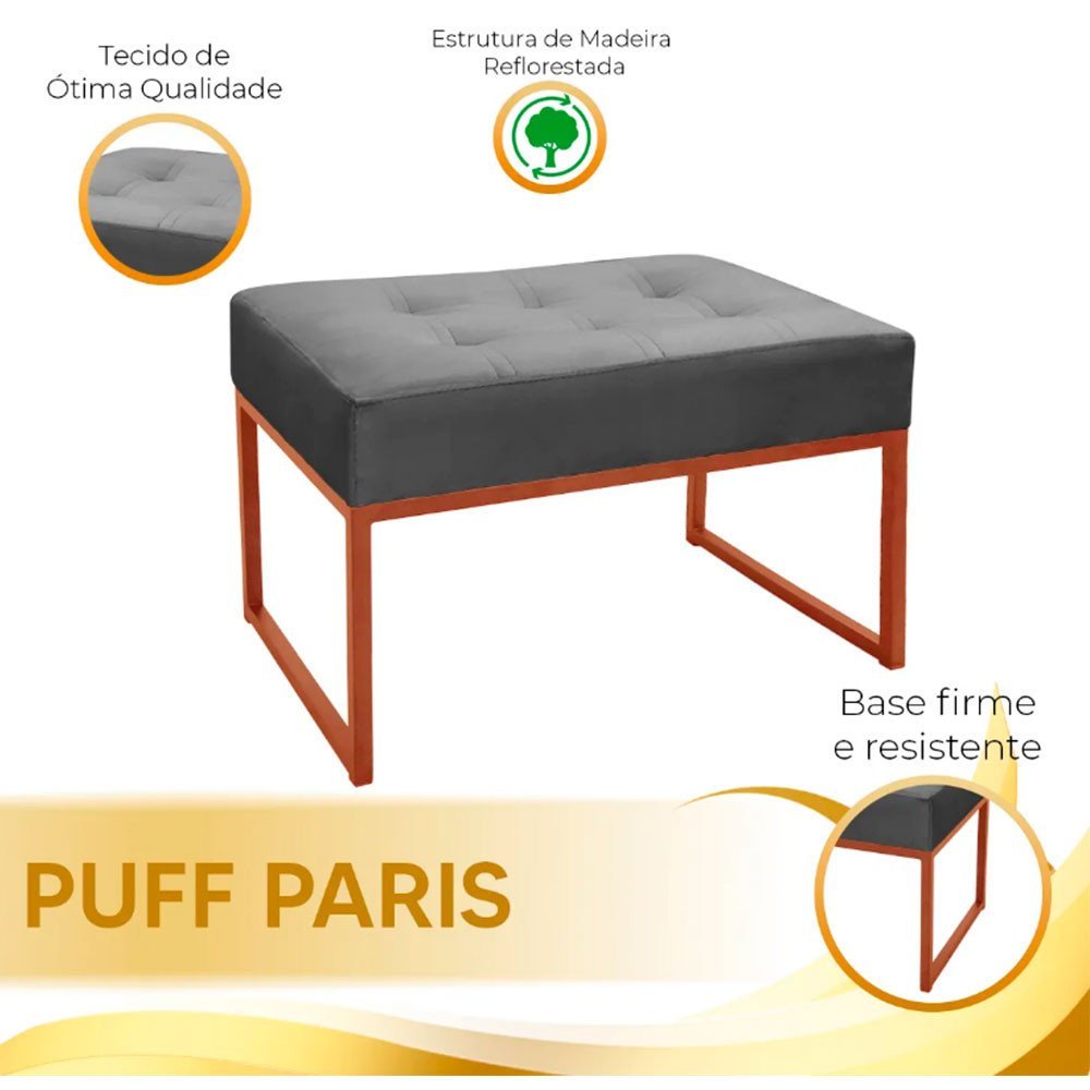 Puff Decorativo para Sala e Quarto Paris Veludo Cinza Base Bronze Star Confort - 6