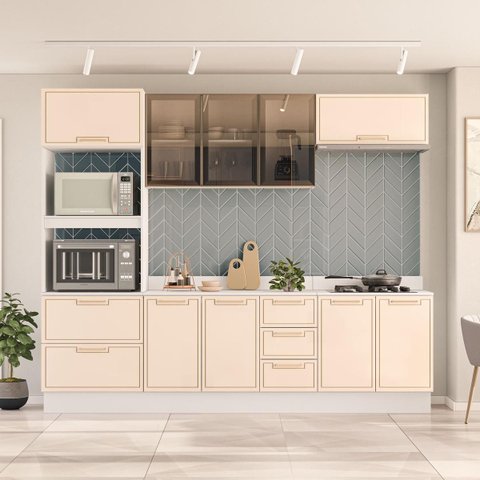 Cozinha Amara Armários Aéreos Porta Vidro Torre Quente Balcões Tampo Rodapé Branco/Creme 250782