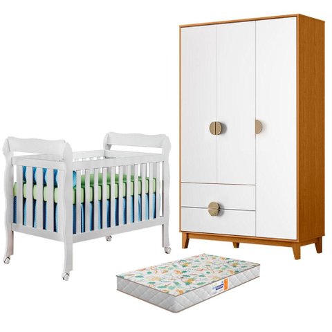 Berço Americano Lila com Colchão Gazin com Guarda Roupa Ipê 3 Portas Branco Cinamomo- Móveis Albatro