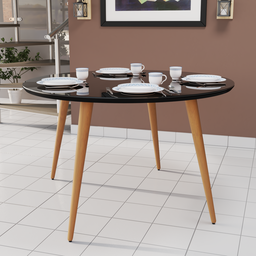 Mesa de Jantar Redonda 4 Lugares com Pés Palito e Tampo de Vidro Mdf:preto - 1