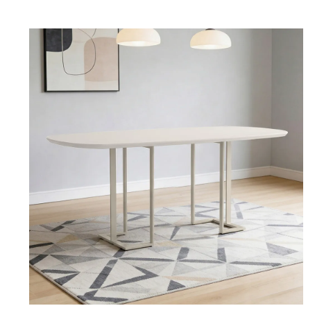 Mesa de Jantar 6 Lugares Retangular Orgânico com Vidro 180cm Pés Industrial Alina N01 Off White Cham