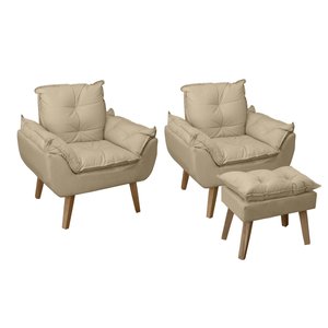 Kit 2 Poltronas Decorativas e Puff Opala Suede Bege Linho Smf Decor
