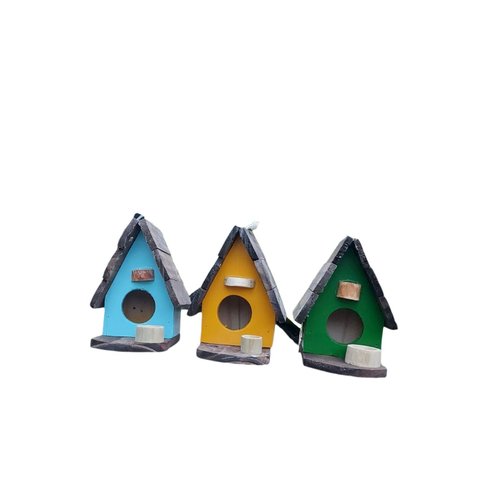 Casinha de Pássaro Decorativa em Madeira, Conjunto com 3 Peças, Design Rústico, Cores Azul, Verde e