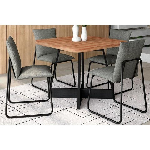 Conjunto: Mesa Sala Jantar Átria 1593 Aço C/ Tampo Madeirado 90x90cm e 4 Cadeiras Soft Preto/nogal