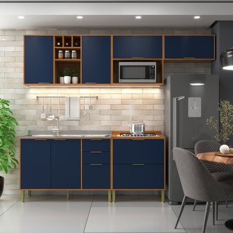 Cozinha Compacta Modulada com 6 Portas e 5 Gavetas Domus Espresso Móveis Azul/Nogal/Royal