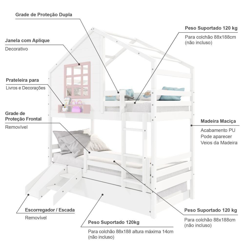 Treliche Casinha com Janela com Escada- Escorregador e Grade de Proteção Madeira Branco- Rosa - 4