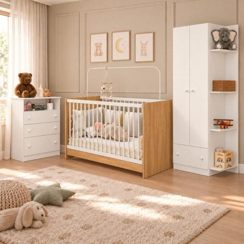 Quarto de Bebê Completo com Berço 3 em 1 para Colchão 130x60cm Confete Multimóveis MP4911
