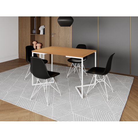 Mesa Industrial Base Ferro Branco em  V  Tampo 137x90 Canela 4 Cadeiras Eames Assento Preto Ferro Br