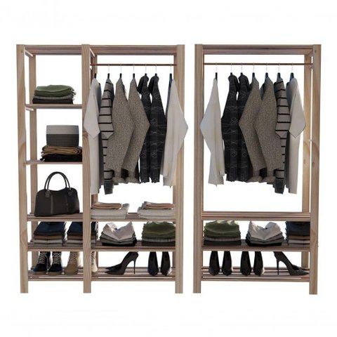 Combo Armário Duplo Pinus de Madeira e Arara para Closet