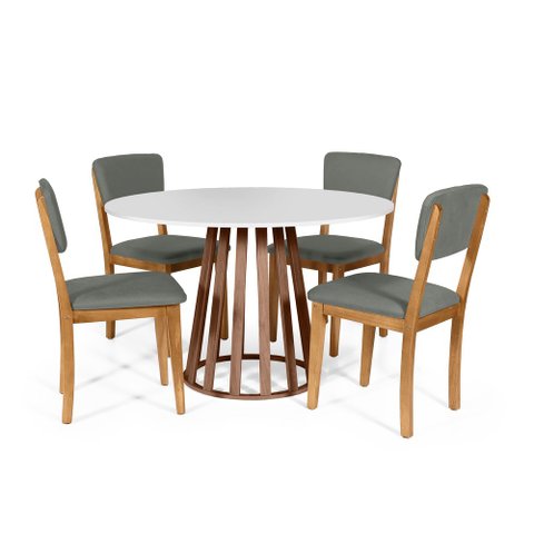Mesa de Jantar Redonda Gabi Bran/nor com 4 Cadeiras Estofadas Ella Cinza