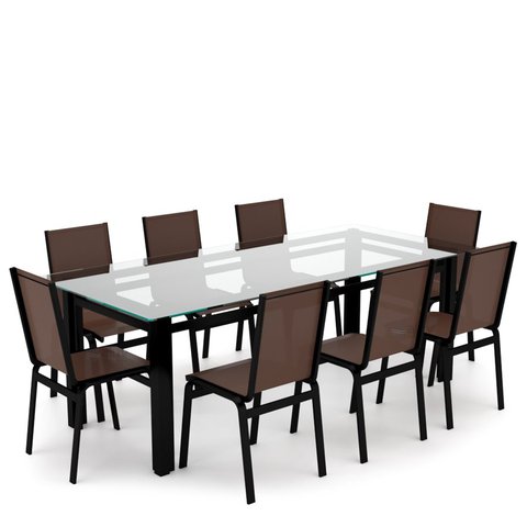 Sala Jantar Retangular 8 Lugares Alumínio Preto Tela Marrom