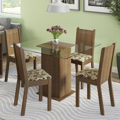 Conjunto Sala de Jantar Madesa Magda Mesa Tampo de Vidro com 4 Cadeiras - Rustic/bege Marrom