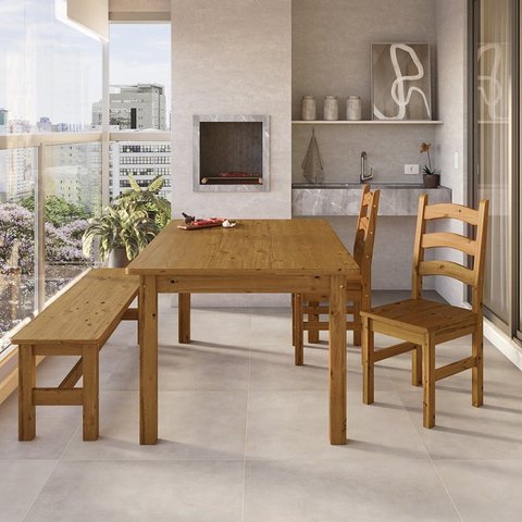Conjunto Mesa 160cm 2 Cadeiras e 1 Banco Área Gourmet Madeira Maciça Ventimiglia Yescasa Marrom/Nogueira