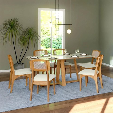Mesa Jantar 180cm com 6 Cadeiras Sala Jantar Dalla Costa Mdf Cor:off White com Freijó e Bege Rú