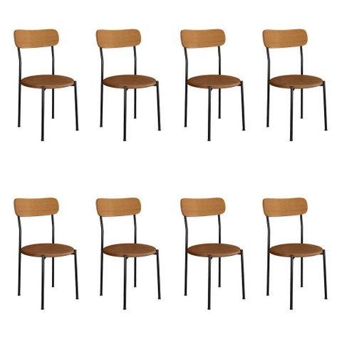 Kit 8 Cadeiras de Jantar Renata Encosto Verniz e Assento Camel Ferro Preto - Pallazio