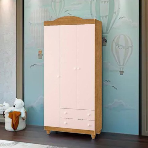 Guarda Roupa Lara Nature Rose 3 Portas 2 Gavetas Infantil Organizador Quarto Menina Moderno