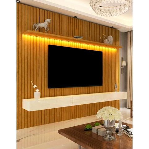 Conjunto Home Suspenso com Painel Ripado TV até 75 Jendal Cor:Madeira