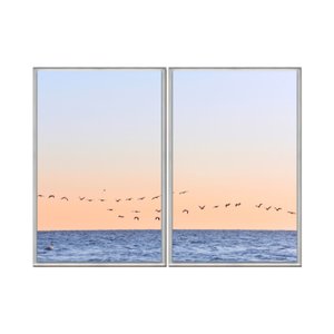 Kit 2 Quadros Decorativos 40x60cm Vidro Lindos Passaros Mar Ceu Alaranjado Flnt061