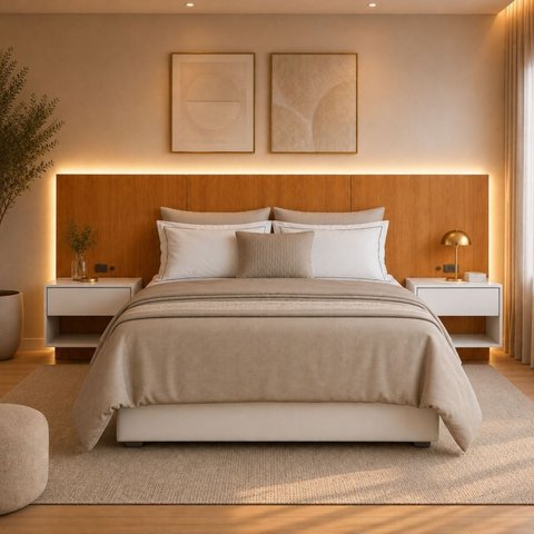 Cabeceira Casal Queen com 2 Mesas de Cabeceira LED 3500k e Tomadas 100% MDF Ayla