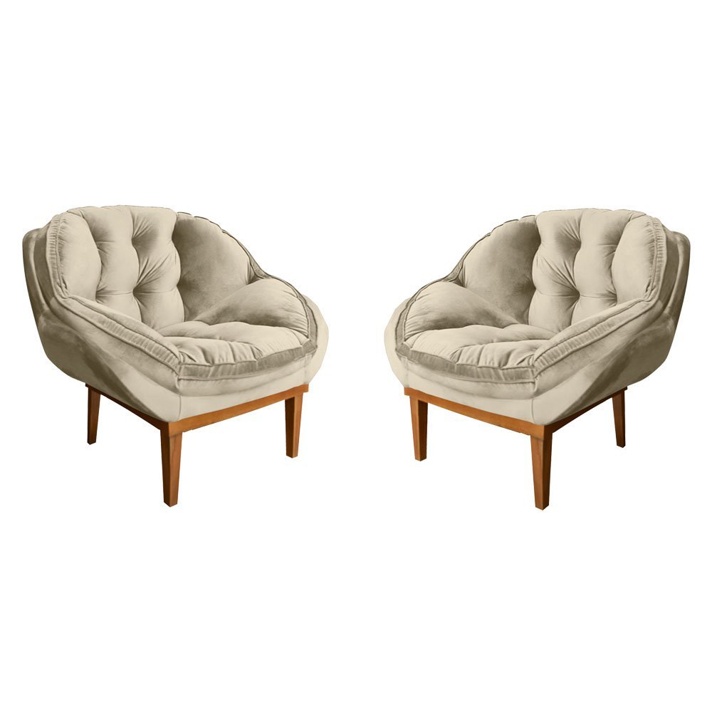 Kit 2 Poltronas Decorativa Marcela Veludo Bege Base Madeira Castanho - Pallazio