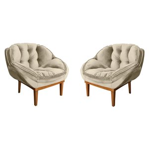 Kit 2 Poltronas Decorativa Marcela Veludo Bege Base Madeira Castanho - Pallazio