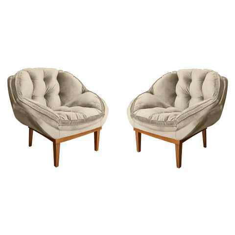 Kit 2 Poltronas Decorativa Marcela Veludo Bege Base Madeira Castanho - Pallazio
