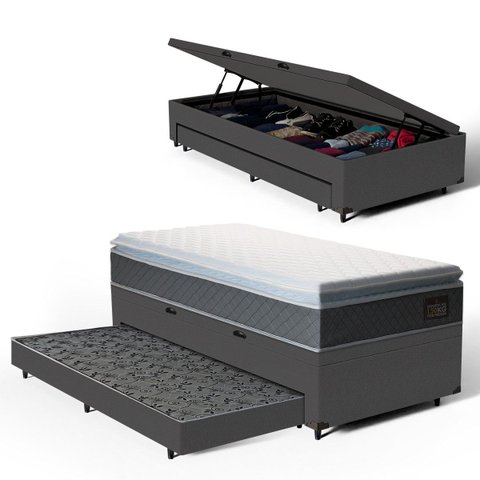 Cama Box Baú com Colchão de Espuma D45 Pillow Top Fort Comfort + Auxiliar Unique Solteiro 88cm
