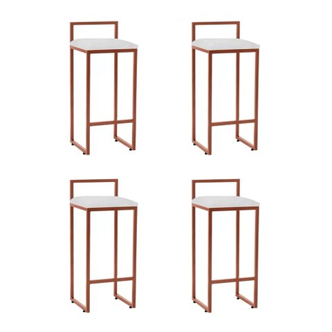Kit 4 Banquetas Altas Industriais em Aço Dori Cobre Assento Suede Branco