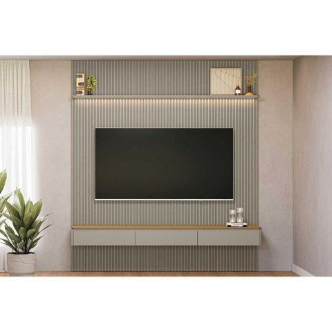 Home P/ Tv até 85 Pol Modular 2.2 Ripado C/ 2 Portas 1 Prat. 219x250cm Tauari/gris Fosco - Linea