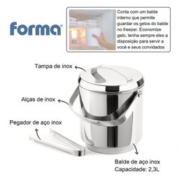 Balde de Gelo Inox com Pegador Pinça 2,3 Litros Baldinho Container Interno Removível para Guardar - 2